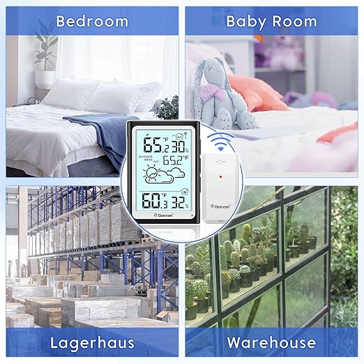 Geevon Large Display Digital Thermometer Hygrometer, Accurate Indoor Outdoor Temperature Humidity Monitoring, Wireless Weather Station with 200ft/60m Range Remote Sensor, Black