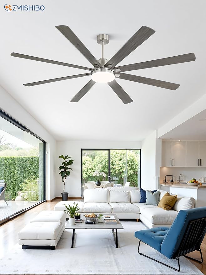 80 Inch Ceiling Fan with Light, Brushed Nickel Ceiling Fan with Large LED Panel, Quiet Reversible DC Motor, 6-Speeds, 3CCT, Indoor/Outdoor Ceiling Fans with Lights for Patio, Livingroom, Garage