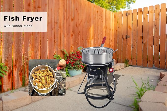 10QT Outdoor Fish Fryer Kit – Heavy-Duty Aluminum Pot, 6.7QT Basket, Propane Deep Fryer with 0-10 PSI Regulator & Steel Frame – Ideal for Seafood & More