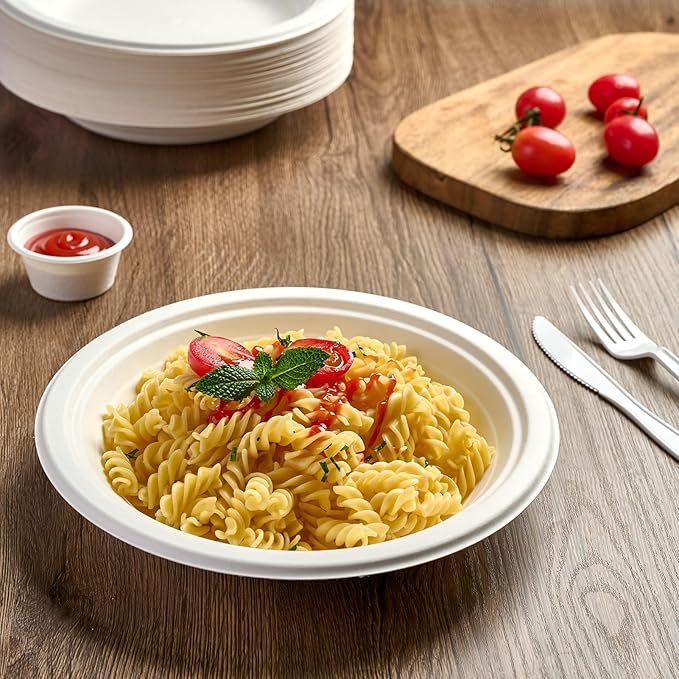 ECOLipak 125 Pack Paper Plates 9 inch 100% Compostable Plates Heavy-Duty Dinner Plates Disposable Bagasse Deep Dish Natural Biodegradable Eco-Friendly Sugarcane Plates(White)