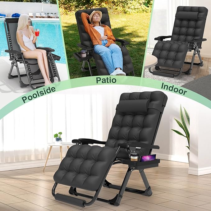 Suteck Oversized Zero Gravity Chair,29In XL Lounge Chair w/Removable Cushion&Headrest, Reclining Camping Chair w/Upgraded Lock and Footrest, Reclining Patio Chairs Recliner for Indoor Outdoor