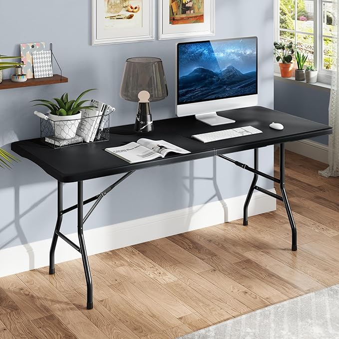 Goplus 6ft Plastic Folding Table, 350 LBS Outdoor Heavy Duty Folding Tables with HDPE Tabletop, Handle, Lock, Foldable Rectangle Portable Utility Card Table for Picnic, Party, Camping, Dining