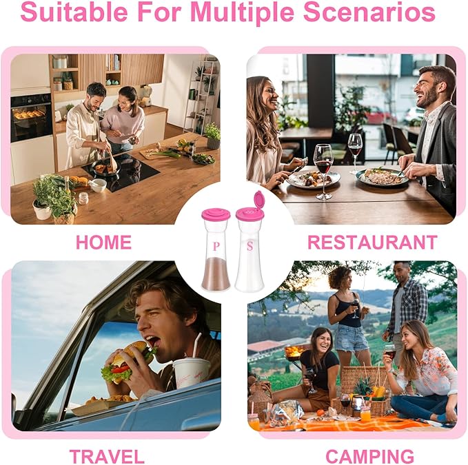 Set of 2 Clear Salt and Pepper Shakers, Plastic Spice Jars with Colorful Lids, Leakproof Moisture-Proof for Home Kitchen Restaurant, Camping, Travel, Picnic (Pink)