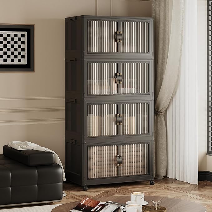 JONZEN 105Gal Extra Large Storage Bins with Lids, 420QT Stackable Collapsible Bins with Doors Wheels, Closet Organizers and Storage, Foldable Plastic Box Cabinet for Home Garage, 4Pack Black