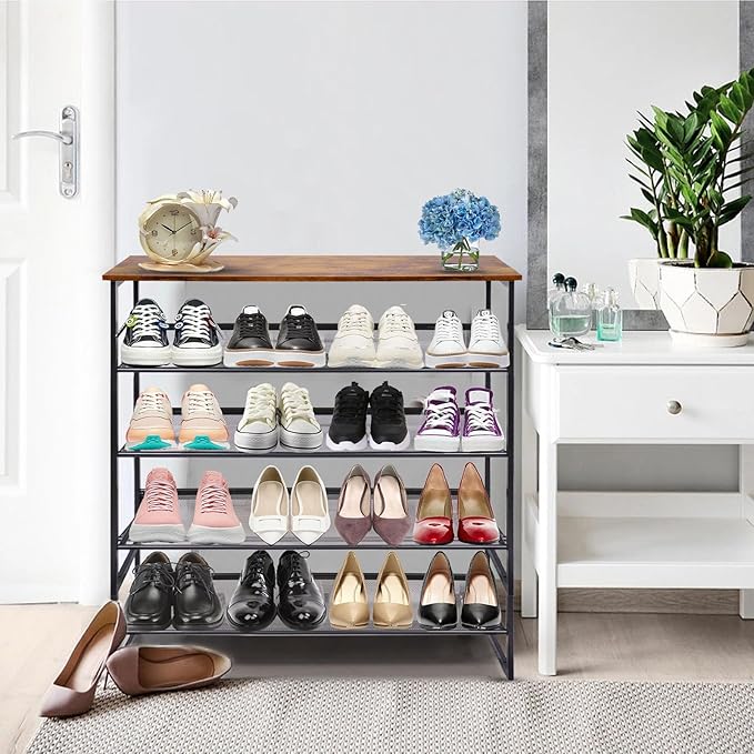 Garden 4 you 5-Tier Tilting Adjustable Freestanding Shoe Rack 12-Pairs for Durability and Stability for Entryways, Hallways, Closets, Dormitory Rooms, and Industries,Brown