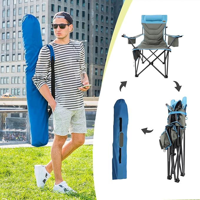Outdoor Folding Camping Chair -Oversize Camping Chairs for Adults,Support 400lbs with Pillows & Cup Holders & Cooler Bags- Heavy Duty Collapsible Chairs for Sports Garden Beach Fishing(Bluegray)