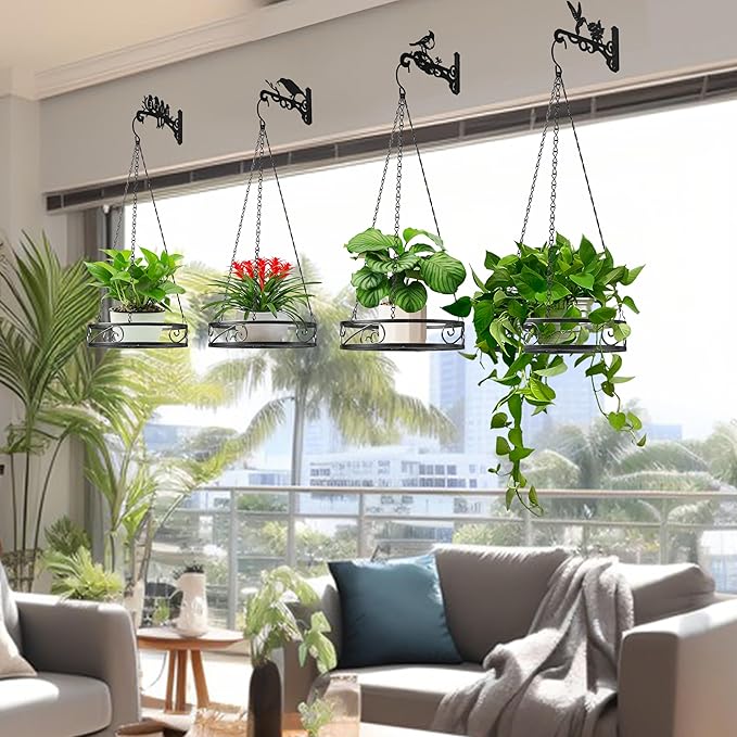 4-Pack Aesthetic Wall Plant Hanger Indoor and Outdoor ??10 Inch Metal Hanging Plant Bracket with Beautiful Bird Pattern ??Heavy Duty Plant Hooks for Hanging Plants, Bird Feeder, Wind Chime, Lantern