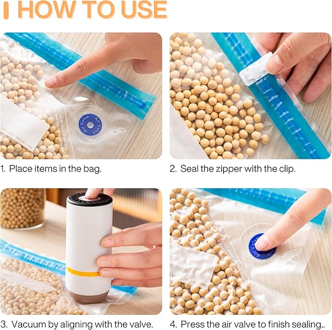 Vacuum Zipper Bags - Space-Saving Food Storage Bags for Vacuum Sealing, Reusable & BPA-Free, Ideal for Travel and Camping, Keeps Food Fresh (7" x 10" 10 count)