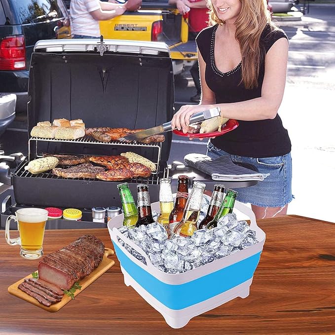 9L (2.4Gallon) Dish Basin Collapsible with Drain Plug Carry Handles , Space Saveing Kitchen Storage Tray Dish Wash Basin, Portable Dish Tub for Camping ,RV,Blue