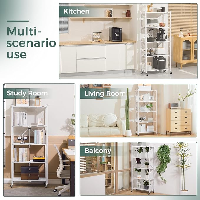 DEANIC 5-Shelf Folding Bookcase with Wheels, Rolling Bookshelf Heavy Duty Storage Shelves, Freestanding Metal Wire Shelving Unit for Living Room, Office, Kitchen, Basement, Pantry (White)