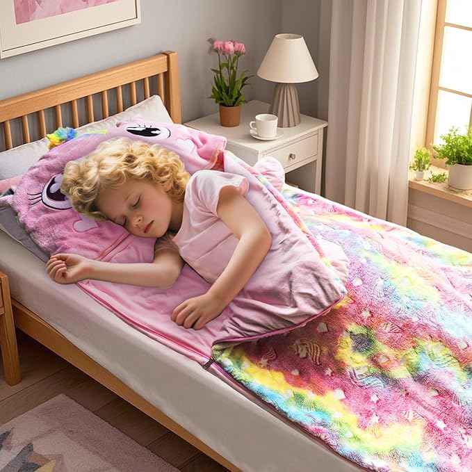 Kids Sleeping Bag, Large Unicorn Slumber Bag for Girls Boys, Portable Toddler Nap Mat, Preschool Daycare Kindergarten Birthday Gift 3-12 Yr Child, Pink