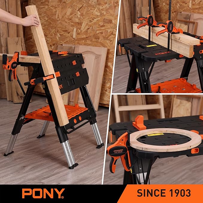 Pony Portable Folding Work Table, 2-in-1 as Sawhorse & Workbench, 31” W×25” D×25”-35”H, Large Load Capacity with 4pcs Clamps, 4pcs Bench Dogs