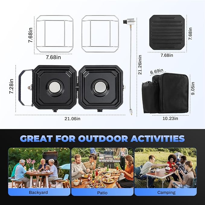 Adjustable 2-Burner Portable Stove with 16000 BTU, with Camping Grill and Carrying Bag, Portable Propane Camp Stove with 2 Burners & Piezo Ignition for Camping, Backyard BBQ,Tailgating (Orange)