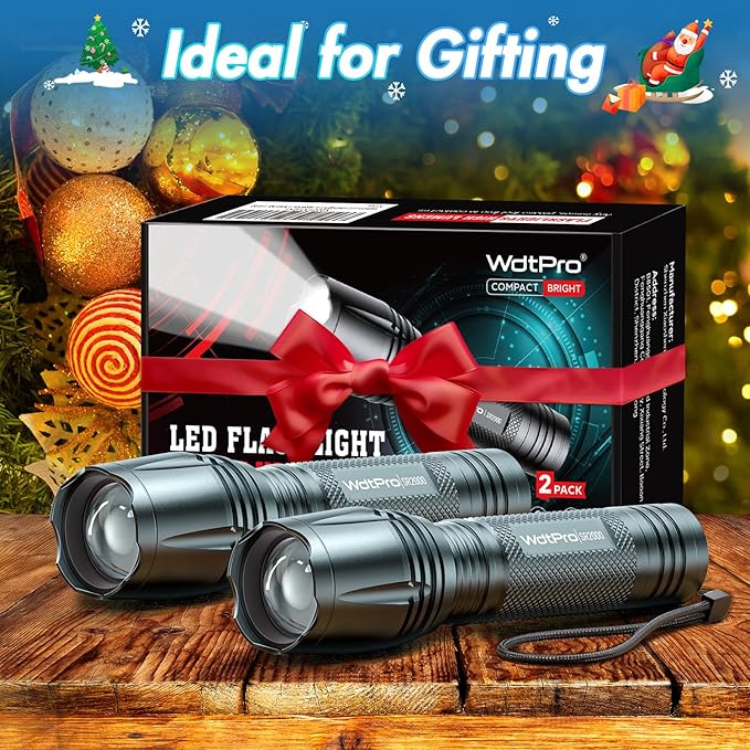WdtPro LED Flashlight High Lumens SR2000 Pro, 2 Pack Brighter Tactical Flashlights with 5 Modes & Zoomable, Powerful Mini Flash Light for Emergency, Camping, Hiking (Grey)