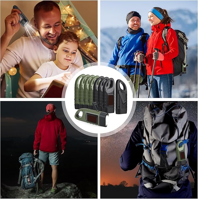 Leelosp 9 Pieces Hand Crank Flashlight Solar Powered Flashlight for Emergencies Dynamo Rechargeable LED Survival Light for Outdoor Sports Hiking Camping(Green,Black)