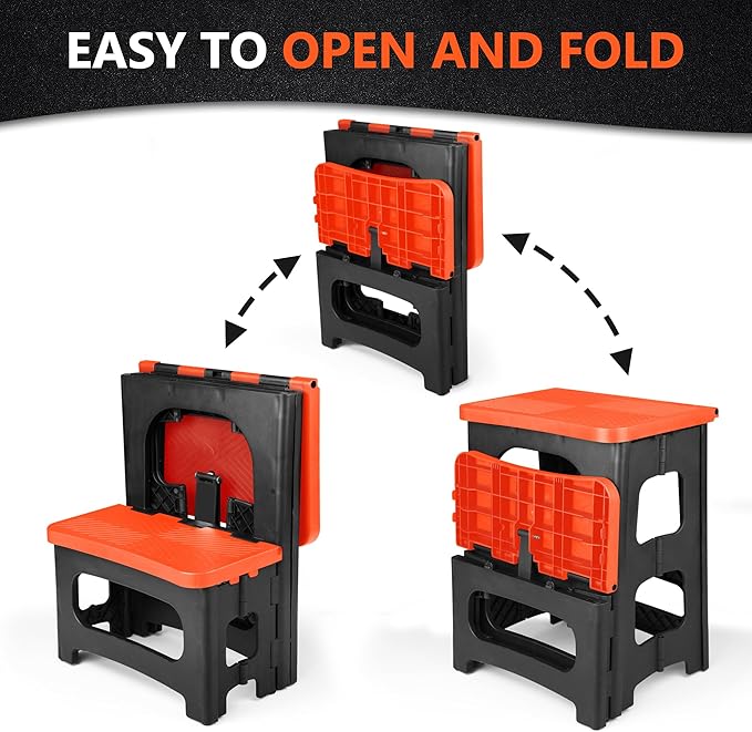 Folding 2-Step Stool, Non-Slip Portable Footstool 8" & 17" Dual Heights, Holds 250 lbs, Portable Footstool for Kitchen Home Toilet Bedroom Office Bathroom RV(Orange)