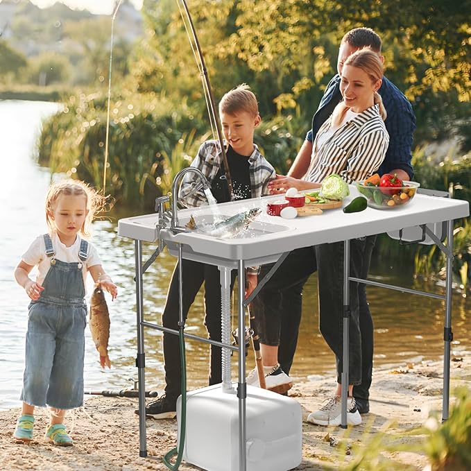 Folding Fish Cleaning Table with Sink, 50"x27" Bi-Folding Portable Camping Sink Station with Drain Hose, Trash Can, Gloves and Cleaning Kits, Foldable Outdoor Sink for Camping, Fishing, BBQ