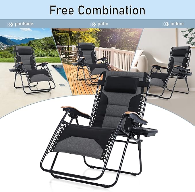 PHI VILLA XXL Oversized Padded Zero Gravity Chair, Foldable Patio Recliner, 30" Wide Seat Anti Gravity Lounger with Cup Holder, Set of 2, Support 400 LBS (Black)