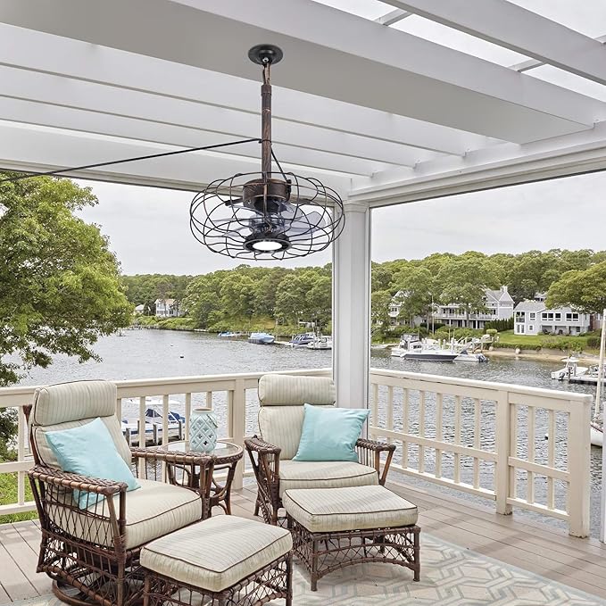 Outdoor Ceiling Fans with Light for Patios Gazebo, 15" Weatherproof Plug in Ceiling Fan, Gazebo Fan Remote, 3CCT Dimmable,Caged Ceiling Fan with Hanging Hook for Porch, Pergola,Canopy, Classical Black