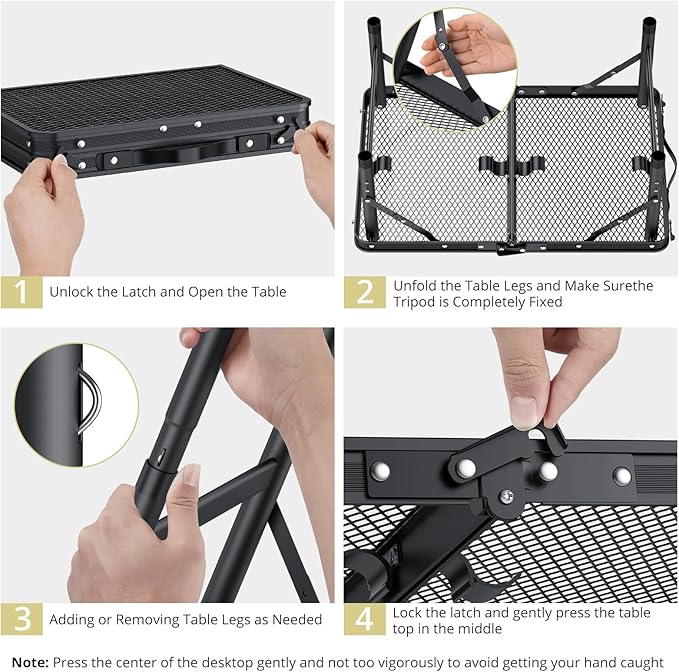 Folding Grill Table, Aluminum Camping Table Adjustable Height Max 27.5" Picnic Table Outdoor Table, Lightweight, Portable Handle for Travel Cooking BBQ Picnic, 22.8" x 16", Black