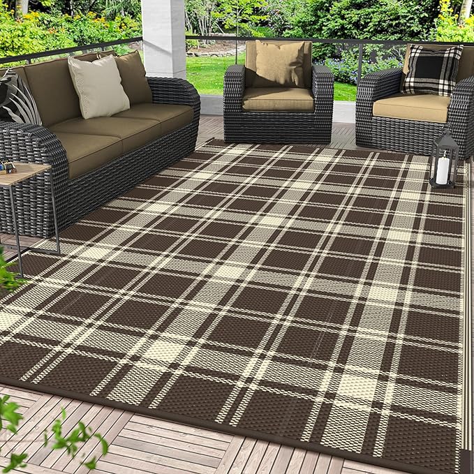 GENIMO Waterproof Outdoor Rug for Patio Clearance, 5'x8' Reversible Plastic Straw Rugs, Lightweight RV Camping Mat for Camper, Balcony, Deck, Backyard, Picnic, Coffee & Beige