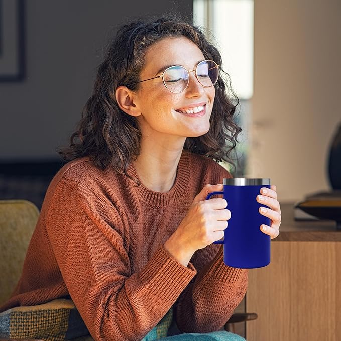 DOMICARE 24oz Mug with Handle and Lid, Stainless Steel Coffee Mug, Travel Mug with Handle, Double Wall Vacuum Coffee Tumbler, Reusable Insulated Cup, Dark Blue, Pack 4
