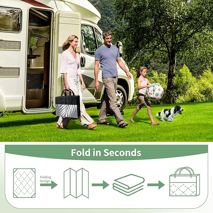 GENIMO Outdoor Rug 9' x 12' Waterproof for Patios Clearance, Reversible Outdoor Plastic Straw Camping Rug Carpet with LED String Light, Area Rugs Mats for RV, Camper, Deck, Balcony, Porch, Grey&White