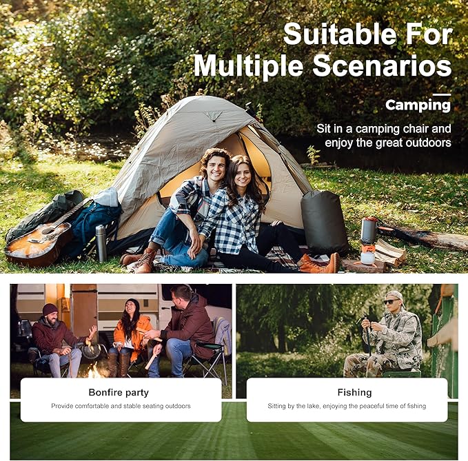 LET'S CAMP Camping Chair 2 Pack Folding Chair with 3-Can Cooler Bag Portable Lawn Chair with Cup Holder,Storage Pocket, Supports 225LBS, Collapsible Chair for Camp, Beach, Picnic (Grey)