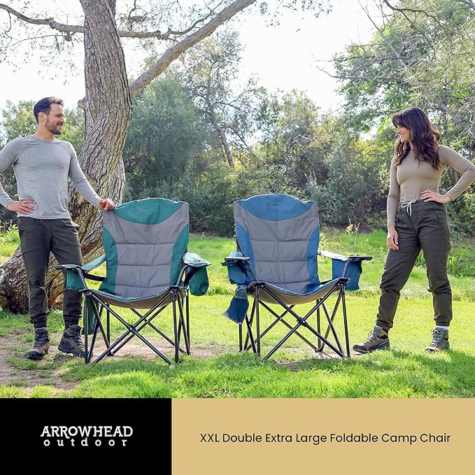 ARROWHEAD OUTDOOR XXL Folding Padded Camping Chair w/Cup & Wine Holder, Armrest Cooler, Support up to 600 lbs, Green