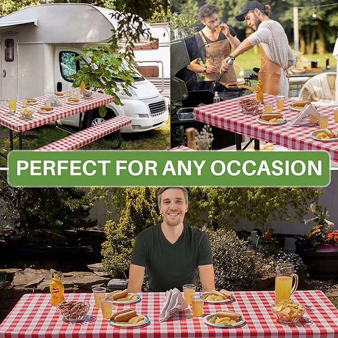 Hudson Comfort Picnic Table Cover with Bench Covers – 500 GSM Reusable Heavy Duty Vinyl Outdoor Table Cover - Waterproof Picnic Tablecloth with Carry Case (Red, 72 Inch (6 Feet))