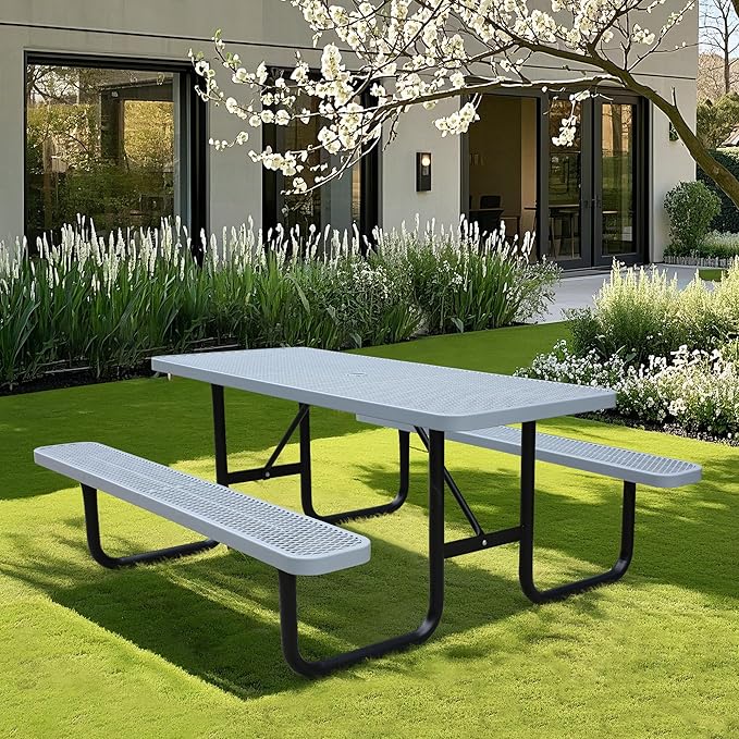4FT Metal Picnic Tables for Outdoors, Commercial Rectangular Picnic Table and Bench Set for Outside, Patio, Garden, Backyard, Porch, Surface Mount, Grey