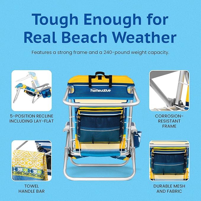 Homevative Backpack Fold-Up Beach Chair, 5 Positions, Towel bar, Cooler, Storage Pouch, Cup Holder and Phone Pocket