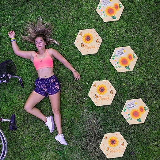 4Pcs Hexagon Sunflower Stepping Stone Outdoor Garden Walkway, Durable Plastic Pavers for Patio, Pathway, and Landscaping, Weatherproof Stepping Stone with Ground Stakes for Easy Installation