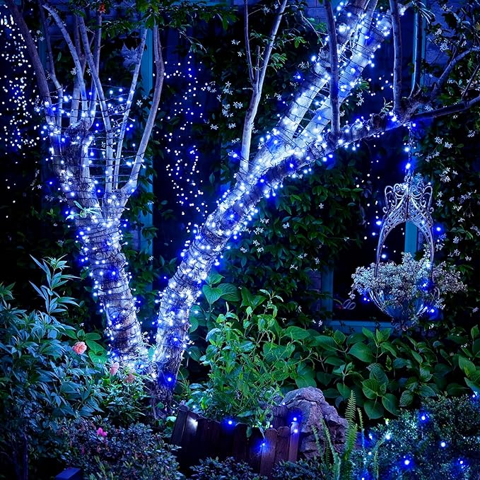 JMEXSUSS 250LED Christmas String Lights 91.5ft Extendable Green Wire Christmas Lights Outdoor Waterproof, 8 Modes LED String Lights Indoor for Tree Wedding Party Garden Patio Decoration, Blue & White