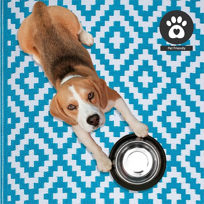 FH Home Outdoor Camping Rug - Waterproof, Fade Resistant, Reversible - Premium Recycled Plastic - Geometric - Large Patio, Deck, Sunroom, RV - Aztec - Teal & White - 9 x 12 ft Foldable