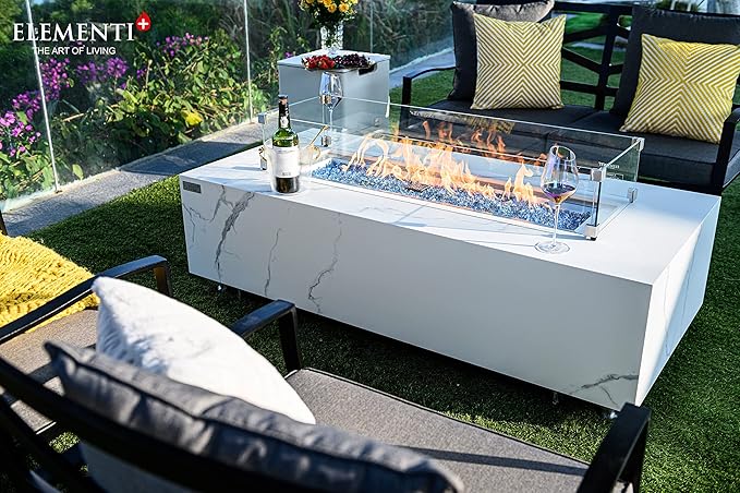 Elementi+ | Carrara Gas Fire Pit | Marble Porcelain & Metal Frame | 60" Rectangular Fire Table | Electronic Ignition | Canvas Cover, Fire Glass & Burner Lid Included | White | Propane Gas