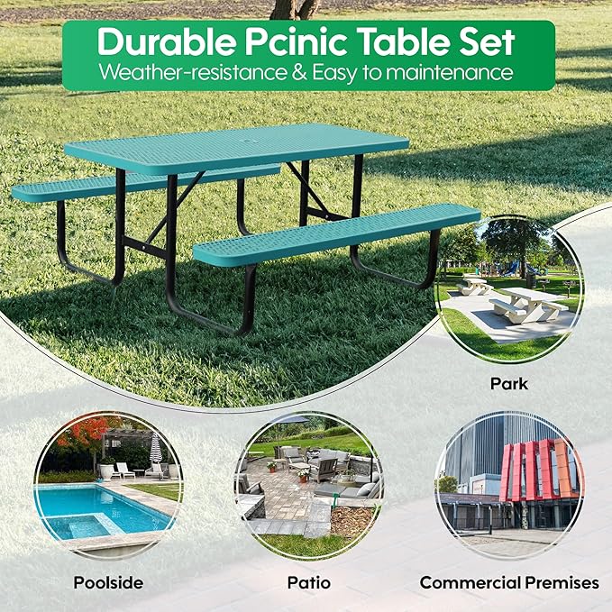 4FT Metal Picnic Tables for Outdoors, Commercial Rectangular Picnic Table and Bench Set for Outside, Patio, Garden, Backyard, Porch, Surface Mount, Green