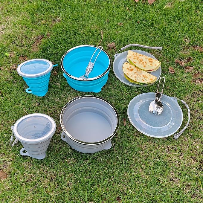 Mess Kit for Camping Silicone Collapsible Bowl Collapsible Cup and Stainless Steel Spoon for Backpacking Outdoor Hiking Traveling and Picnic - 2 Pack