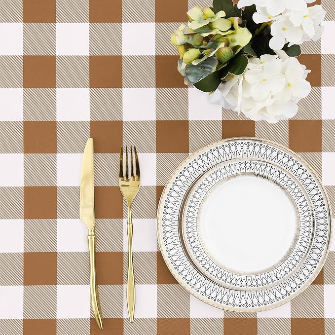 misaya Buffalo Rectangle Picnic Tablecloth, 8 Foot Elastic Fitted Vinyl Table Cloth with Flannel Backing, Waterproof Plaid Table Covers for Dining, Camping, Outdoor (Brown and White, 30" x 96")