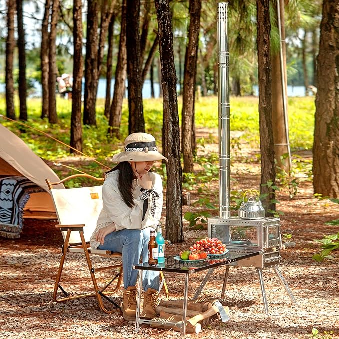 Wood Stove Wood Burning Stove Hot Tent Stove, Stainless Steel Portable Camping Stove with Oven & Camping Table and 6 Chimney Pipe for Outdoor, Camping, Cooking, Tents, Car Travel