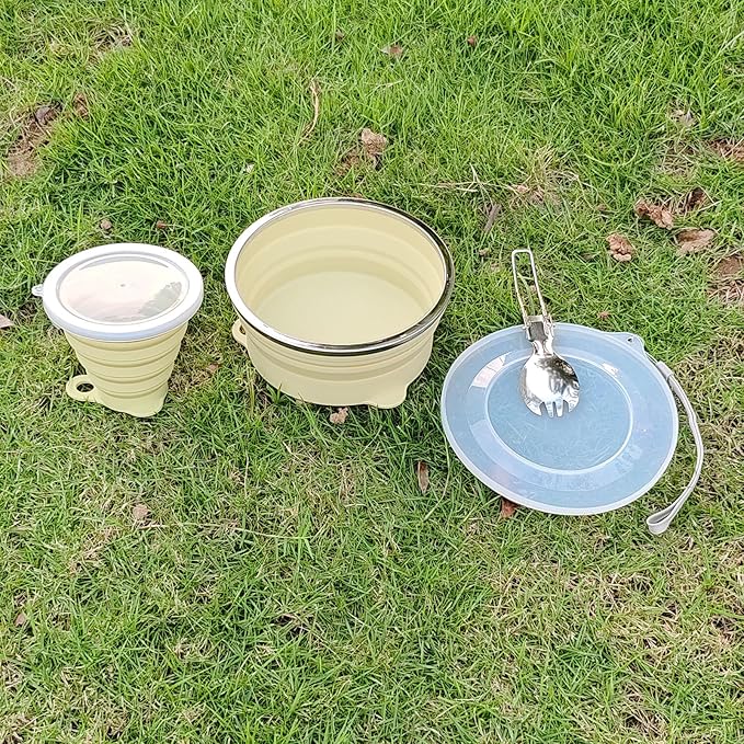 Mess Kit for Camping Silicone Collapsible Bowl Collapsible Cup and Stainless Steel Spoon for Backpacking Outdoor Hiking Traveling and Picnic - 2 Pack