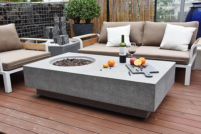 Elementi | Metropolis Gas Fire Pit Cast Concrete 56" Rectangular Fire Table, Outdoor Fire Pit Electronic Ignition | Canvas Cover, Lava Rock Included | Light Gray (Propane Gas)