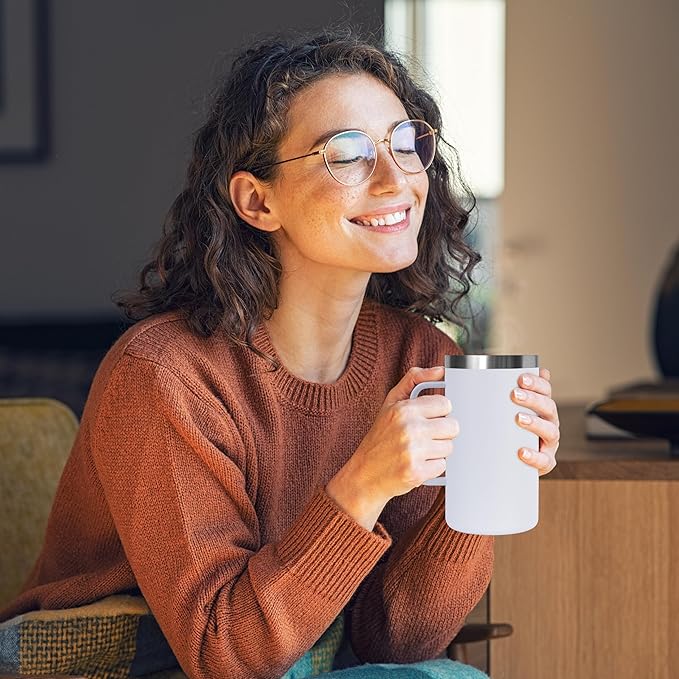 DOMICARE 24oz Mug with Handle and Lid, Stainless Steel Coffee Mug, Travel Mug with Handle, Double Wall Vacuum Coffee Tumbler, Reusable Insulated Cup, White, Pack 4