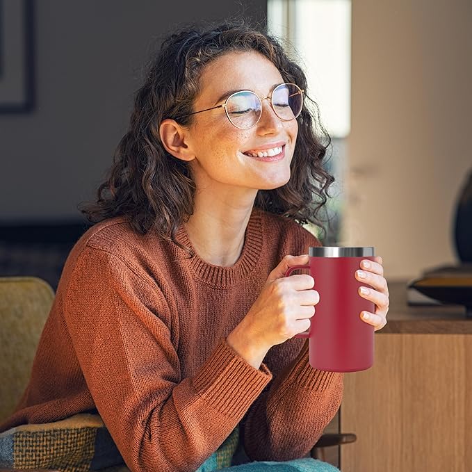 DOMICARE 24oz Mug with Handle and Lid, Stainless Steel Coffee Mug, Travel Mug with Handle, Double Wall Vacuum Coffee Tumbler, Reusable Insulated Cup, Dark Red, Pack 8