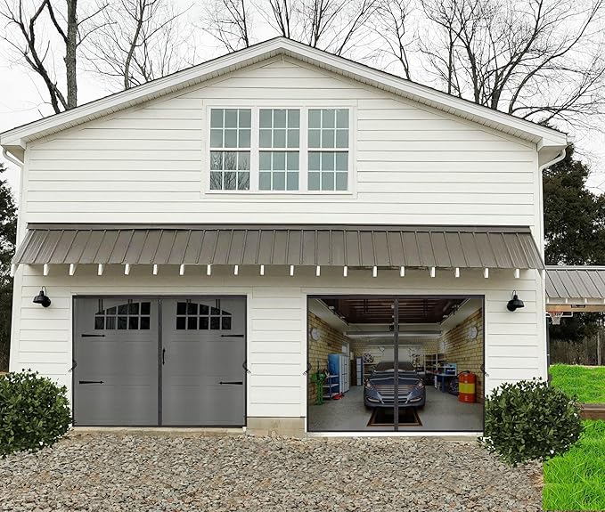 Garage Door Screen 1 Car 8x8ft Garage Screen Door Mesh, Upgraded Fiberglass Stronger Than PET and Polyester, Patio/Porch/Balcony Door Screen 8x8 ft, Heavy Duty Weighted Bottom & Magnetic Closure