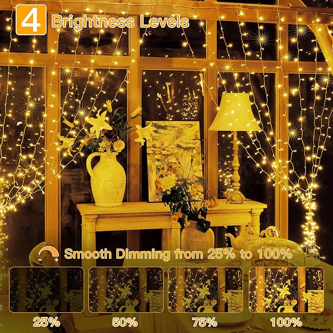 Ollny Curtain Lights 6.6x6.6ft, 200 LED String Lights with Remote 8 Modes Dimmable Timer, USB Power Fairy Light for Bedroom Backdrop Indoor Wall Window Wedding Decor, Warm White