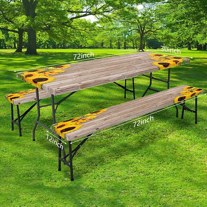3 Pcs Sunflower Wooden Picnic Table Cover with Bench Covers,Rustic Sunflower Waterproof Fitted Picnic Table Cloths Retro Wood Texture Elastic Outdoor Picnic Tablecloth for Camping Patio Travel,Muti2