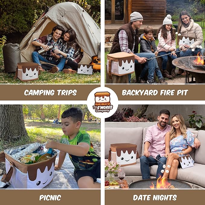 THE S'MORES COMPANY - Smores Caddy, Large Marshmallow Cooler Bag - Smores Kit for Fire Pit & Campfire Accessories, Cute Insulated Collapsible Bag for Picnic, Camping, Glamping, Date Night
