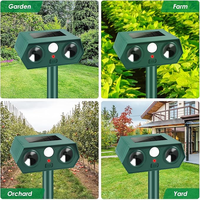 2 Pack Solar Ultrasonic Animal Repellent Outdoor,Deer Repellent Devices Motion Detection,Cat Squirrel Rabbit Repellent for Garden Yard,Waterproof Animal Repeller for Skunk Dog Racoon Rodent