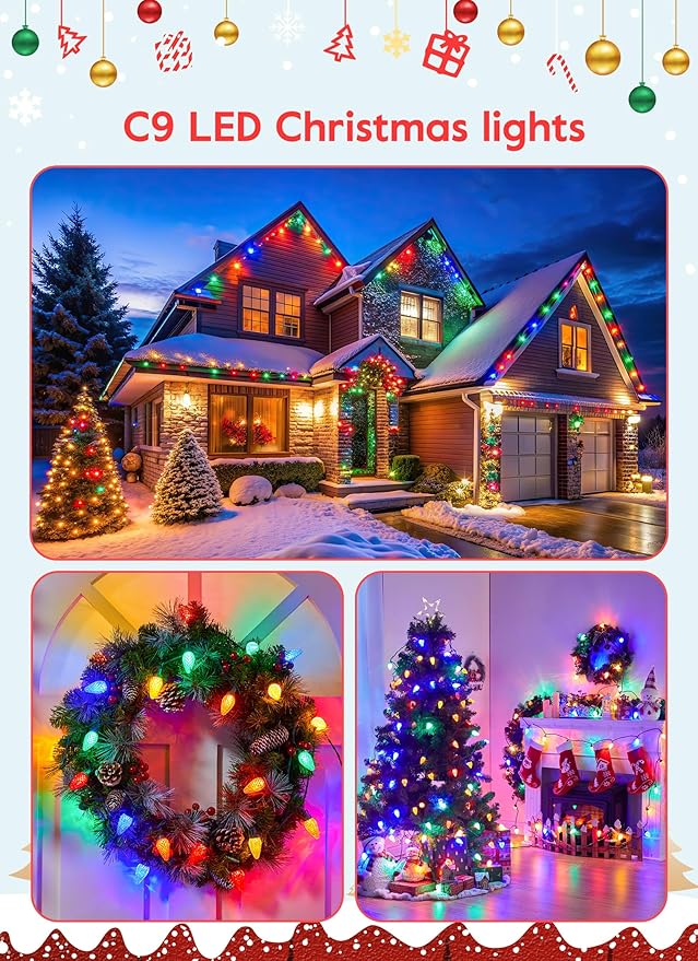 C9 LED Christmas Lights Outdoor, 81 Feet 100 LED String Lights with Timer & 8 Lighting Mode, Waterproof Commercial Grade Christmas Tree Lights for Outside Indoor Roofline Patio, Multicolor 2 Pack